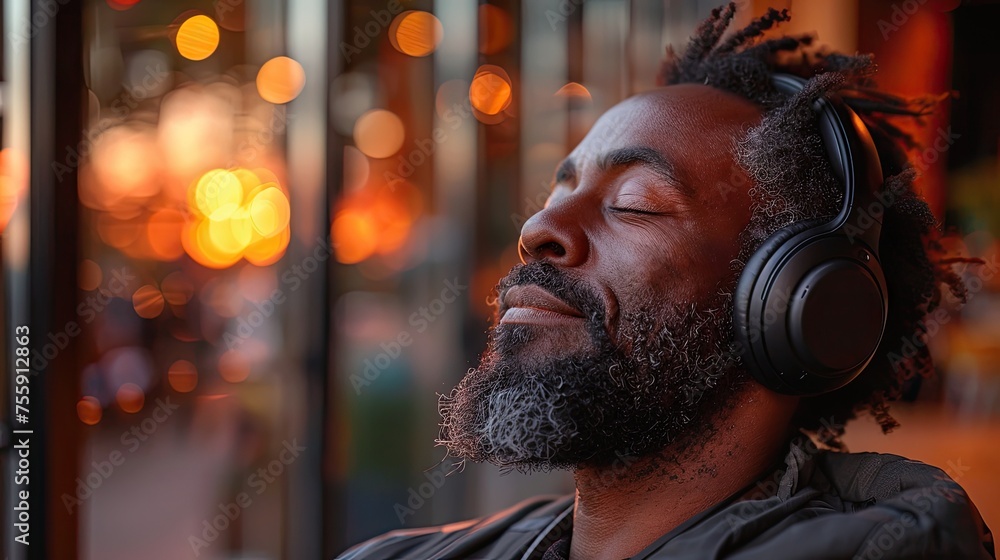Afro American man wearing headphones, eyes closed in enjoyment, listening music at home Afro American man wearing headphones, eyes closed in enjoyment, listening music at home