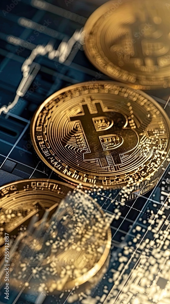 Golden bitcoins on abstract background