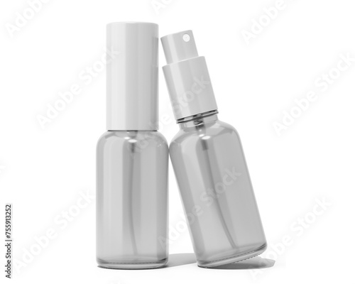 Blank white clear glass cosmetic spray bottle Isolated On Transparent Background. cosmetic packaging. 3D Render.