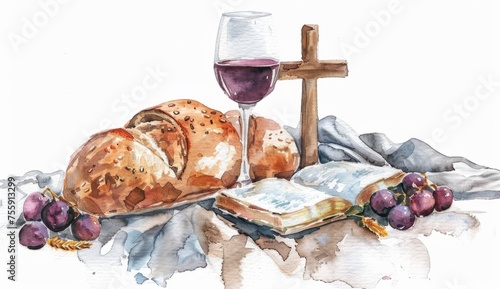 Watercolor Illustration of bread and wine on an altar cloth with bible, cross, white background Generative AI