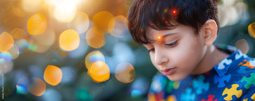 Little boy with autism on blurred background with puzzle pieces. Child mental health. Autism spectrum disorder concept, ASD. World autism awareness day Little boy with autism on blurred background with puzzle pieces. Child mental health. Autism spectrum disorder concept, ASD. World autism awareness day