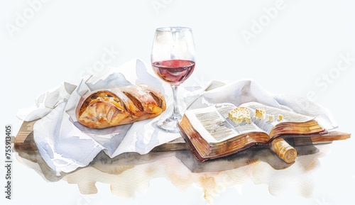 watercolor wine glass on table with chalice and bread in white linen cloth with bible on top of it Generative AI photo