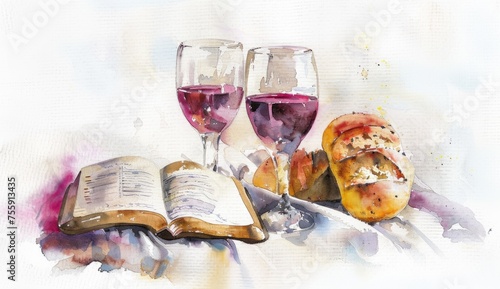 Watercolor Illustration of the wine and bread on an altar with a bible open in front Generative AI