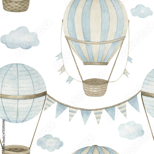 Watercolor baby seamless pattern with hot air balloon, stars and kite. Hand drawn cute illustration on white background