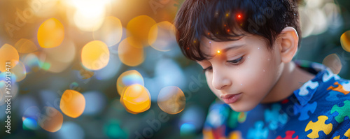 Little boy with autism on blurred background with puzzle pieces. Child mental health. Autism spectrum disorder concept, ASD. World autism awareness day