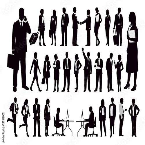 Set of business people in action silhouettes. Set of business people silhouette, man and woman team, isolated on white background. Collection of black and white silhouettes business people.

