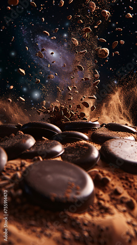 Chocolate cookies explode in a cosmic dance, surrounded by a galaxy of cocoa dust and crumbs.