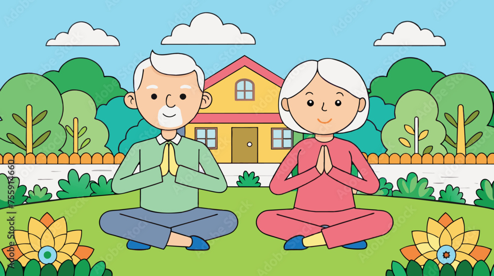 Elderly Couple Practicing Yoga Together in Front of Home Elderly Couple Practicing Yoga Together in Front of Home