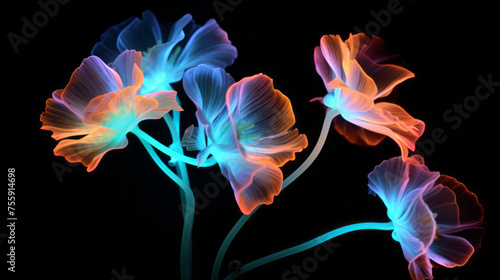 Neon Flowers light drawing. Artistic, dramatic, flair lines on black background