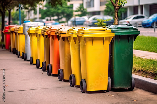 Brightly colored recycling bins, perfectly aligned along an urban sidewalk, demonstrates commitment to environmental sorting