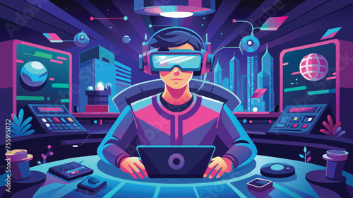 Futuristic Gamer Engaged in Virtual Reality Session at Neon-Lit Station