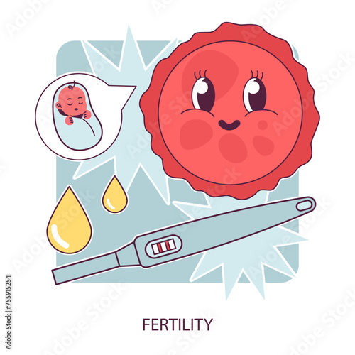 Fertility. Smiley ovum vintage cartoon character visualizes a baby. Positive