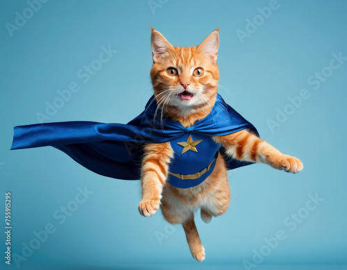 Red cat superhero in a superhero cape flies to the rescue among the clouds