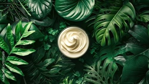 The allure of self-care and skin care products is portrayed in a top-down close-up view, featuring a round container of white cream against a lush green leaf background.