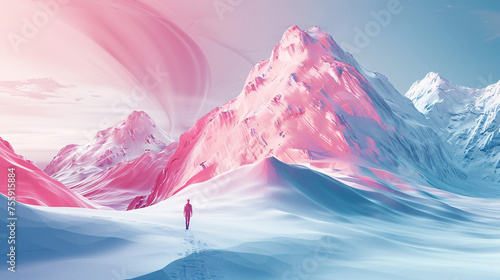 A lone figure in red walks amidst surreal, pink and white snowy mountains photo