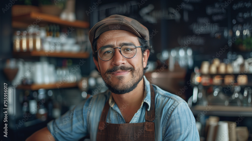 Portrait of handsome male barista standing in cafe