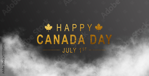 Golden Happy 1th of July Canada Day greeting card. Hand writing lettering text with Maple leaf for festive poster or banner. Vector Illustration.  photo