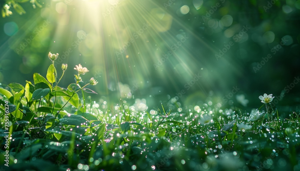 Delicate flower buds glisten under the caress of sun rays, showcasing nature's gentle wake in a dewy meadow. - obrazy, fototapety, plakaty 