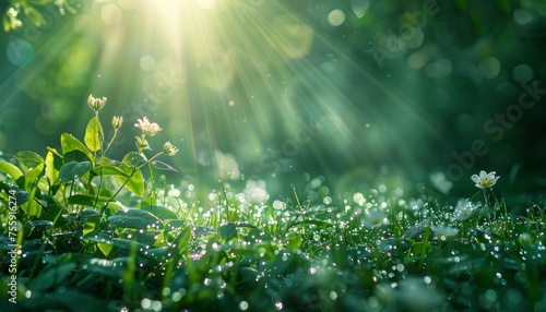 Delicate flower buds glisten under the caress of sun rays, showcasing nature's gentle wake in a dewy meadow. photo