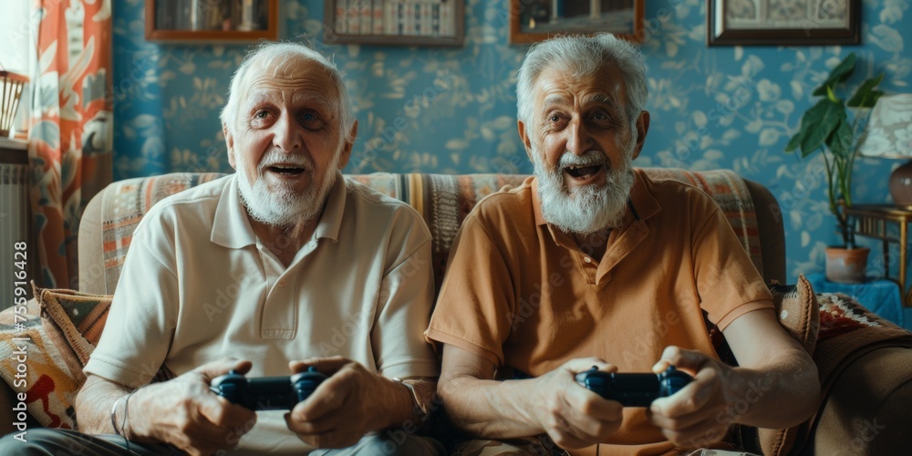 two happy old men playing a video game Generative AI