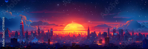 Neon Cartoon City, Illustration of a city skyline with a full moon and a boat in the water