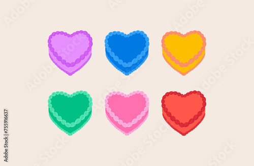 Set of cute colorful heart shaped cakes. Vector flat illustration. Kid core aesthetic