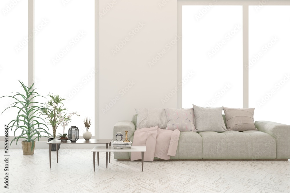 Fototapeta premium White living room with sofa. Scandinavian interior design. 3D illustration