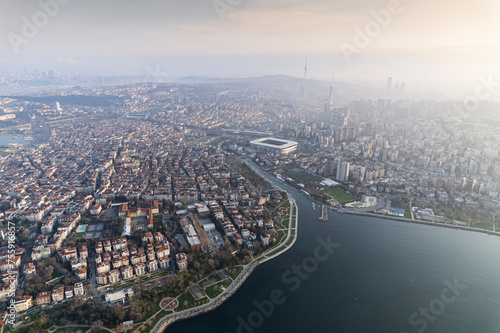 Historical Moda Pier. Moda neighbourhood of Kadikoy, Istanbul, Turkey. Beautiful aerial view. Drone shot. © Suzi