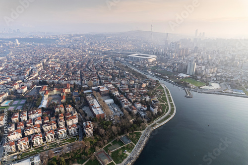 Historical Moda Pier. Moda neighbourhood of Kadikoy, Istanbul, Turkey. Beautiful aerial view. Drone shot.