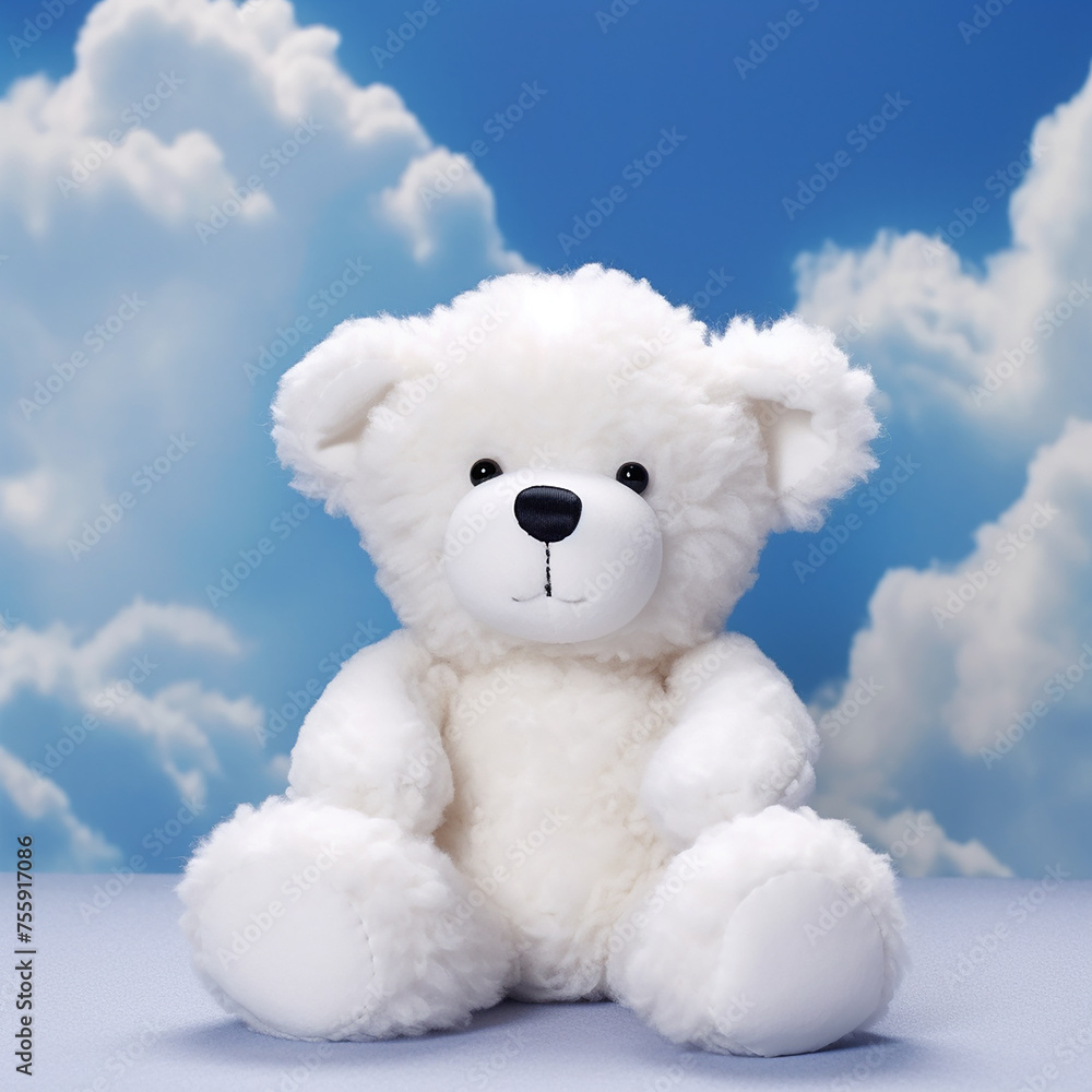 A white teddy bear sits against a sky with fluffy clouds backdrop A white teddy bear sits against a sky with fluffy clouds backdrop