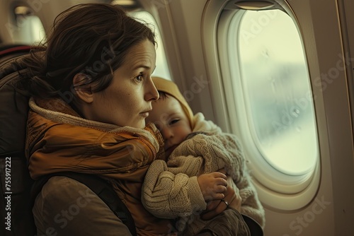 Sharing a seat in the airplane, a mother and her little child embark on a journey, symbolizing the nurturing spirit of motherhood and the adventure of trave photo