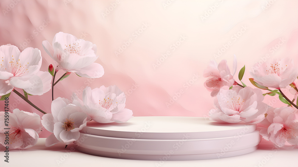 Product podium stage with spring pink peonies on pastel colors background, mock up for product presentation
