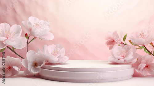 Product podium stage with spring pink peonies on pastel colors background, mock up for product presentation