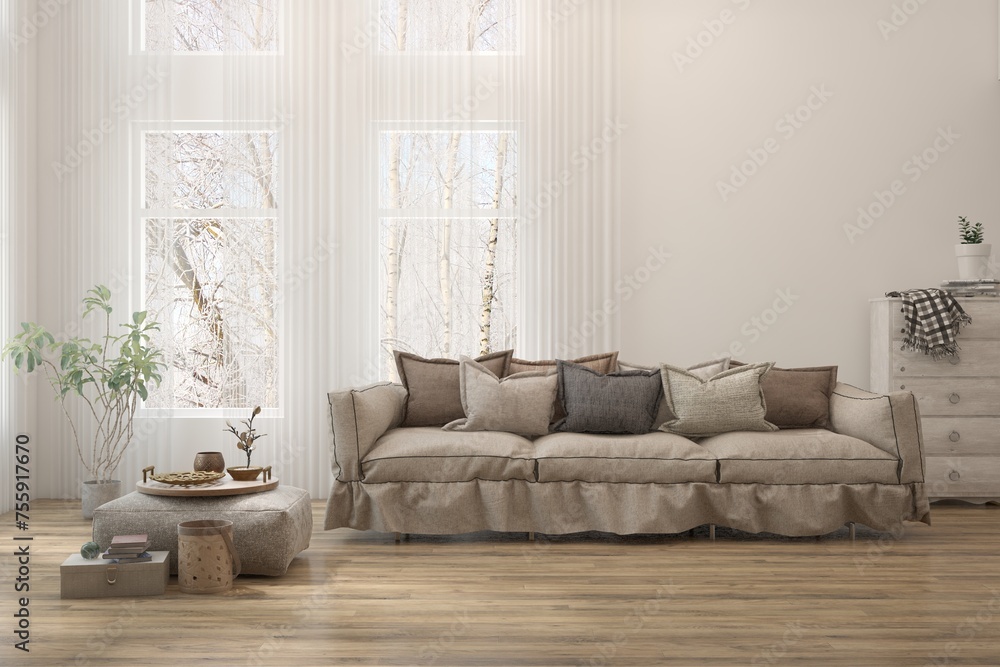 Fototapeta premium White living room with sofa. Scandinavian interior design. 3D illustration