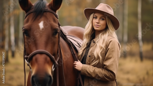 A blonde woman in a hat and riding clothes stands next to a brown horse on a farm.
