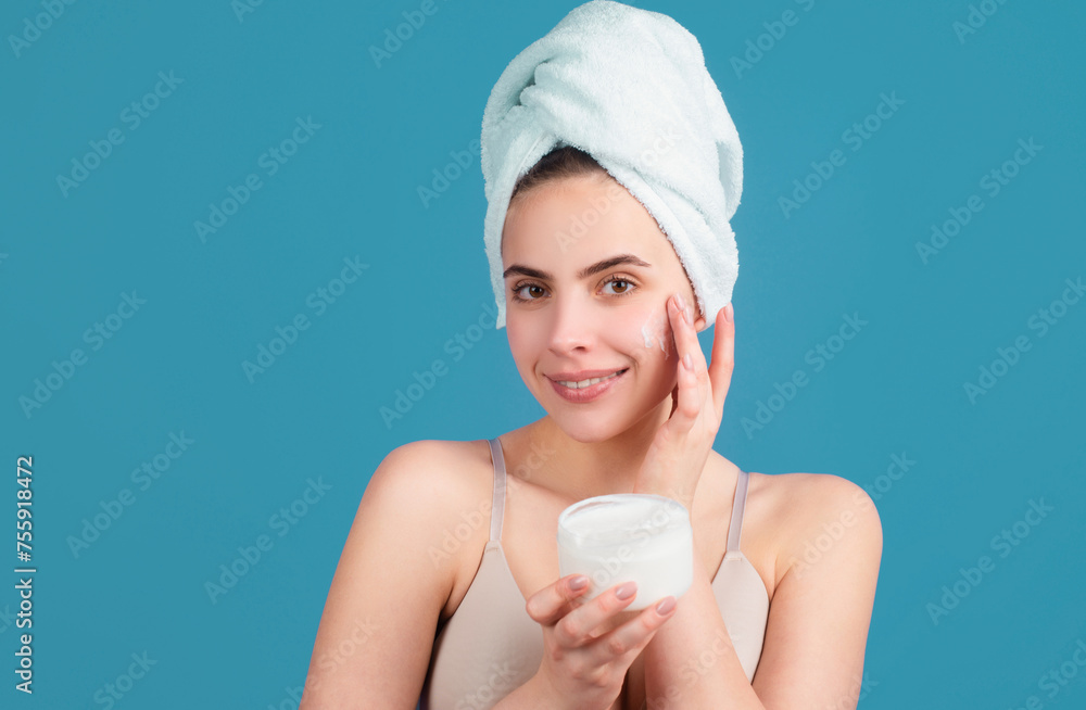 Cosmetic products. Face mask, spa beauty treatment, skincare. Woman facial care. Beautiful young woman with clean perfect skin. Portrait of beauty model with natural nude makeup.