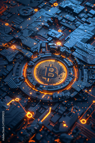 A glowing Bitcoin symbol amidst intricate, dark electronic circuits photo