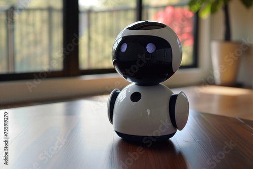 Friendly AI Companion Robot with Digital Eyes on Wooden Floor.