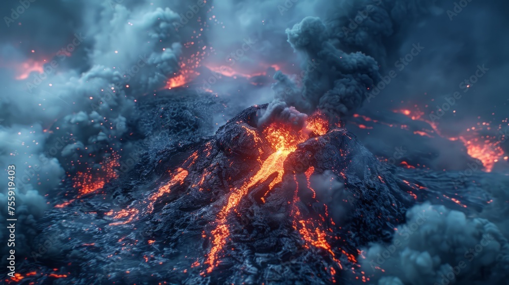 Majestic Volcanic Eruption: A Vivid Display of Molten Lava Flow and Billowing Smoke	