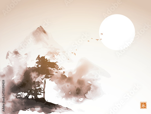 Misty mountain with trees in vintage style. Traditional Japanese ink wash painting sumi-e. Hieroglyph - eternity