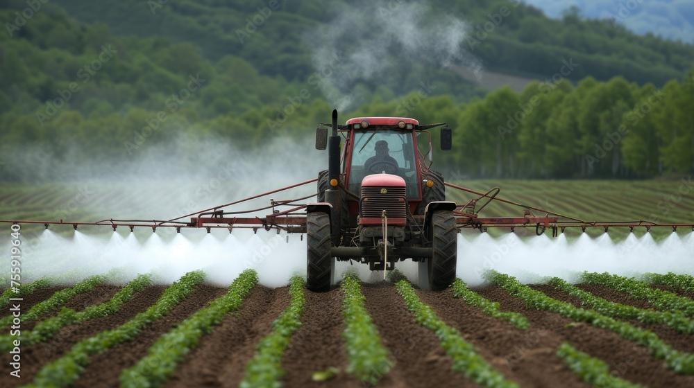 Fototapeta premium Tractor spraying pesticides on soybean field with sprayer at spring