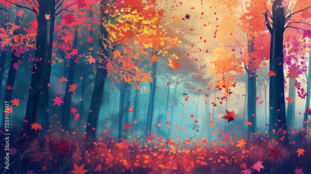 Enchanting Autumn Forest with Vibrant Foliage and Falling Leaves	