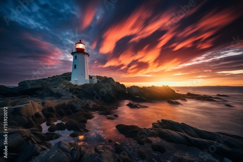 A coastal lighthouse at dusk