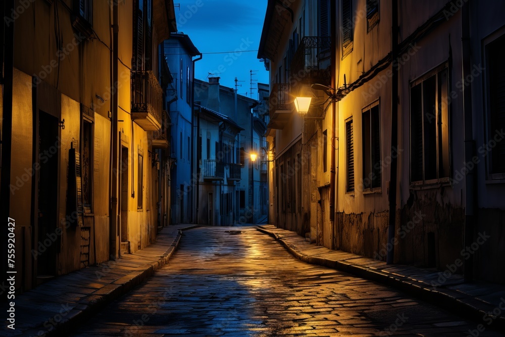 A quiet street bathed in the colors of blue hour