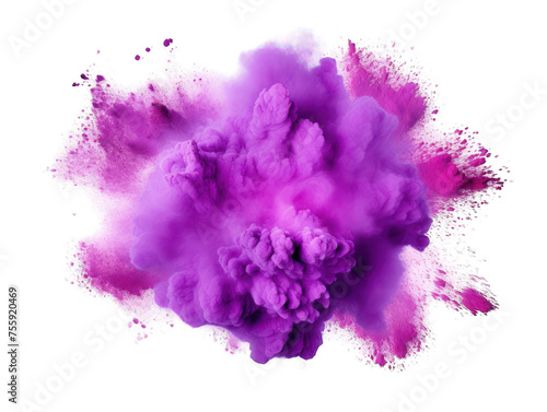 Purple paint color powder festival explosion burst isolated on transparent background, transparency image, removed background