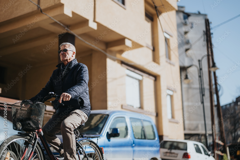 Active senior man with sunglasses cycling in the city, showcasing urban lifestyle and healthy aging. Focus on personal well-being.