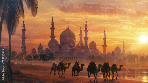 A beautiful view at dusk of a group of camels heading towards the river to drink. seamless looping time-lapse virtual 4k video Animation Background. photo
