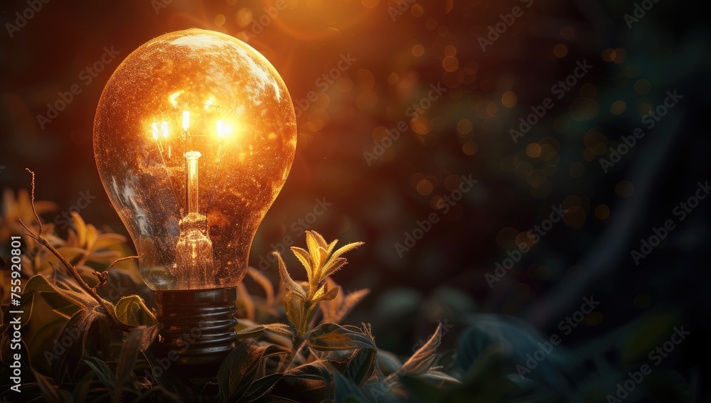 The brilliance of a light bulb symbolizes a bright idea, fostering business growth and innovation in the realm of entrepreneurship - obrazy, fototapety, plakaty 