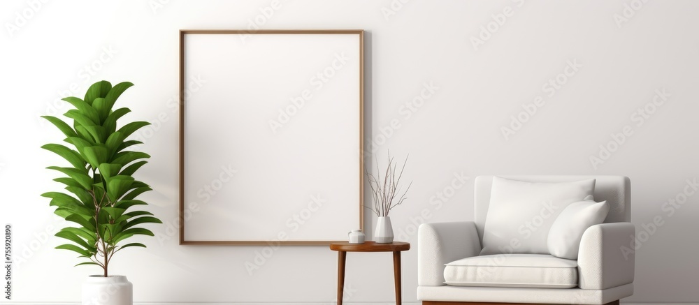A comfortable living room with wooden furniture including a chair and table, a plant by the window, and a picture frame hanging on the wall A comfortable living room with wooden furniture including a chair and table, a plant by the window, and a picture frame hanging on the wall