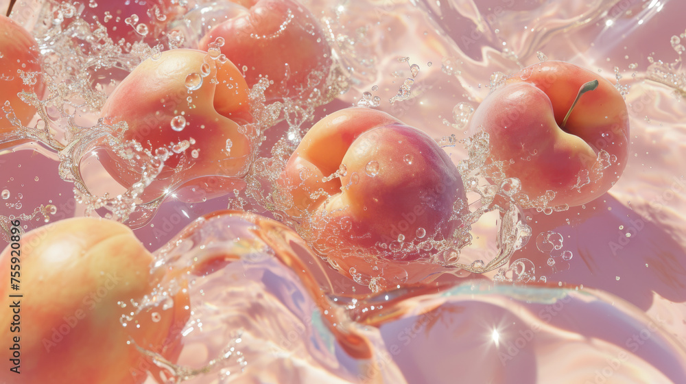 Beautiful peaches in clear water create waves and splashes. Beautiful peaches in clear water create waves and splashes.